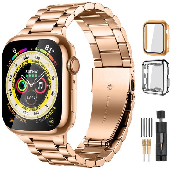 Imagem de Lerobo Pulseira Aço Inox c/ 2 Capas p/ Apple Watch 38-49mm (Rose Gold)