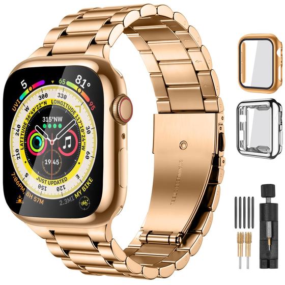 Imagem de Lerobo Pulseira Aço Inox c/ 2 Capas p/ Apple Watch 38-49mm (Royal Gold)