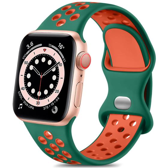 Imagem de Lerobo Pulseira de Silicone para Apple Watch, 38mm-49mm, Esportiva (Pinegreen/Tangerine)