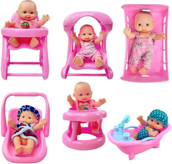 Imagem de Liberty Imports Cute Lil Baby Doll Collection - Conjunto de 6 Mini Infant All Vinyl Dolls for Girls with Cradle, High Chair, Walker, Swing, Bathtub and Infant Seat (5 polegadas de altura)