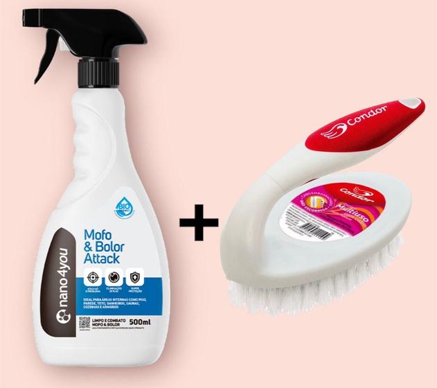 Imagem de Limpa Mofo E Combate Bolor Attack Performance 500ml Econano + Escova Multiuso com Cabo para Lavar, Condor, Transparente Original Mega Qualidade