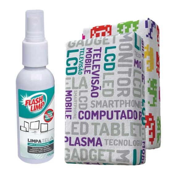 Imagem de Limpa Telas Flash Limp Kit Com 2 Esponjas e 1 Spray Excelente Para Limpar Diversos Tipos De Telas Sem Riscar
