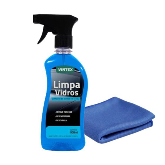 Imagem de Limpa Vidros 500ml Vintex + Pano de Vidro 38x38cm Azul Detailer