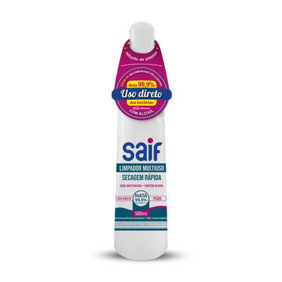 Imagem de Limpador Multiuso Secagem Rápida Com Álcool Saif 500Ml, Higienizador Multiuso Perfumado Com Álcool, Branco, Ação Bacteri