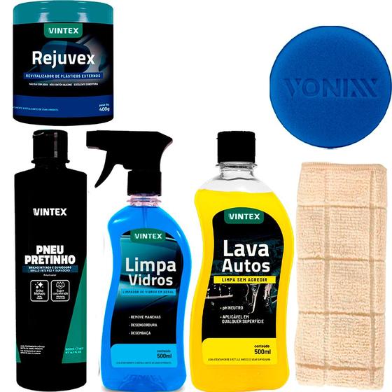 Imagem de Limpeza Automotiva Vintex By Vonixx com Rejuvex + Pano + Aplicador +  Lava Autos + Limpa Vidros 