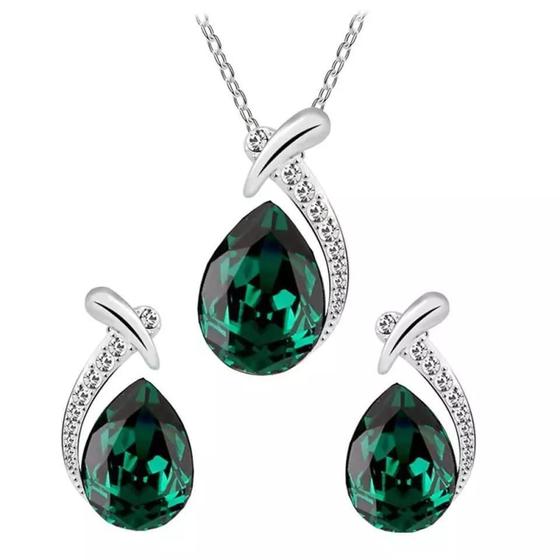 Imagem de Lindo Conjunto Formato De Gota Com Pingente Cor Prata Verde