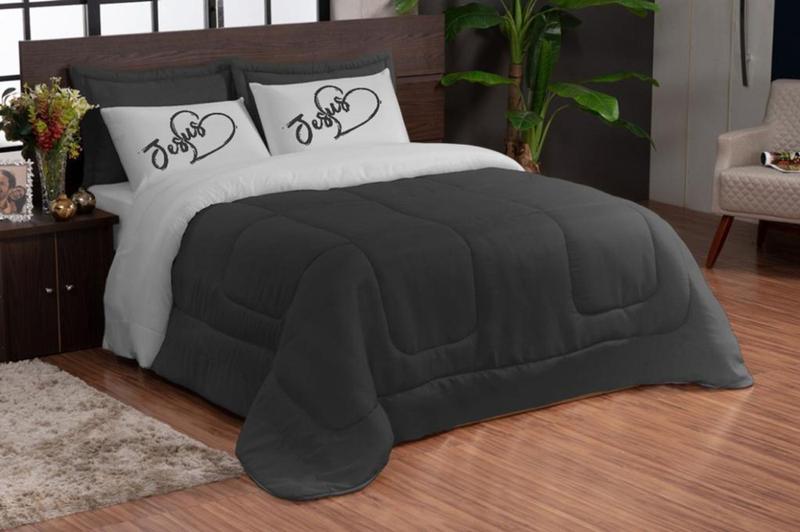 Imagem de Lindo edredom dupla face 5 peças varias estampas preto cinza