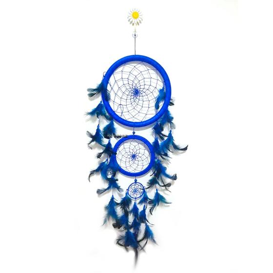 Imagem de Lindo Filtro Dos Sonhos Grande 3 Aros pena azul anil Apanhador decoração de parede amuleto
