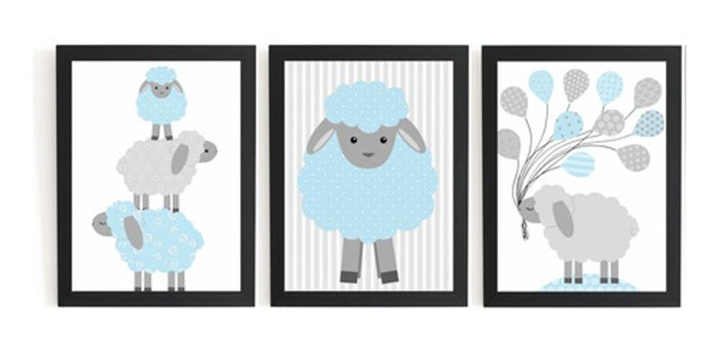 Imagem de Lindo Kit 3 Quadros Para Quarto Infantil Ovelhinhas