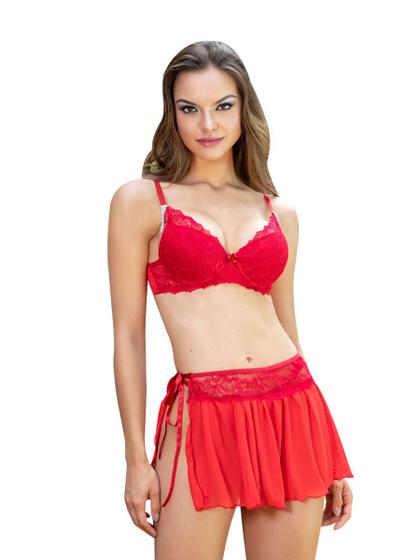 Imagem de Lingerie Conjunto Vermelho Bojo Aro Renda Saia Calcinha