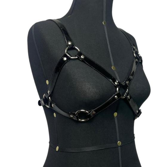 Imagem de Lingerie Couro Harness Feminino Peito Dominadora Preto Vinil PVC Latex Dominatrix Gótico Dark Fashion