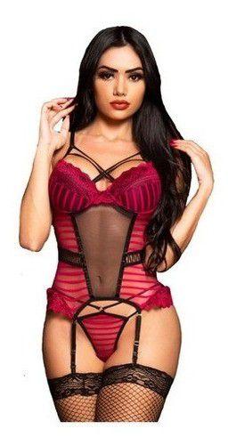 Imagem de Lingerie Espartilho Sexy Completo Sensual Com Cinta liga e meia arrastão