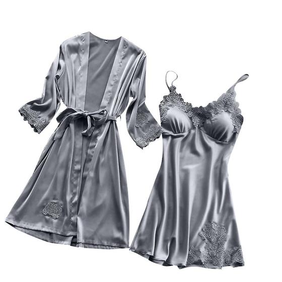 Imagem de Lingerie feminina seda renda robe vestido babydoll camisola pijamas conjunto quimono