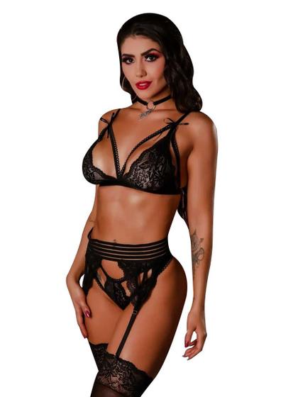 Imagem de Lingerie Renda Conjunto Feminino Cinta Liga Completa + Meia