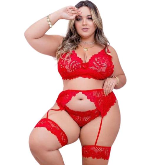 Imagem de Lingerie Sexy plus Size CINTA LIGA conjunto 3 peças Renda  