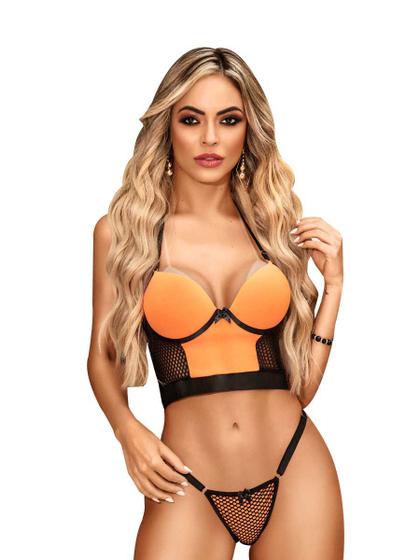 Imagem de Lingerie Top Cropped com Bojo e Aro Neon Arrastão Calcinha Fio