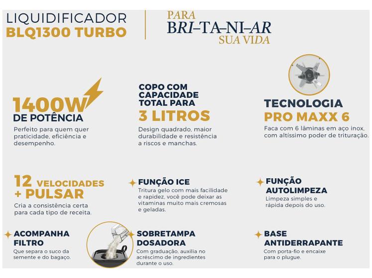 Liquidificador Britânia Fortis Turbo BLQ1300P com Filtro 12 Velocidades 1400W Preto