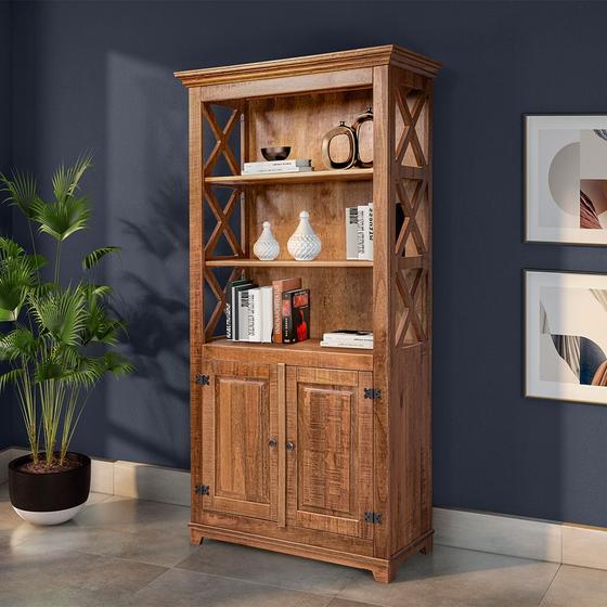 Imagem de Livreiro Estante Rústica com Prateleiras Detalhe X em Madeira Maciça com 2 Portas - Natural