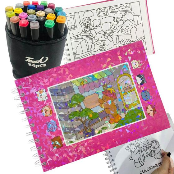 Livro Colorir Canetinhas 100 Paginas 24 Cores Estojo Bolsa Portatil ...