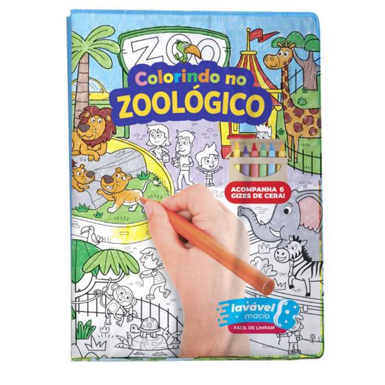 Imagem de Livro Colorir Infantil Zoológico c/ 6 Gizes de Cera Lavável