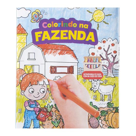 Imagem de Livro de Colorir Infantil Fazenda c/ 6 Gizes de Cera Lavável