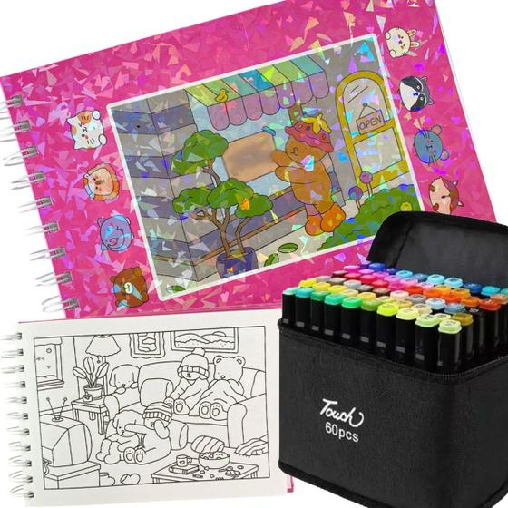 Livro De Pintar Urso Fofo Capa Dura 100 Paginas Canetinhas 60 Cores ...