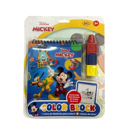 Imagem de Livro Infantil Para Colorir Disney Kit 3 Gizes De Cera Formato De Bloco Mickey Minnie E Stitch Color Block