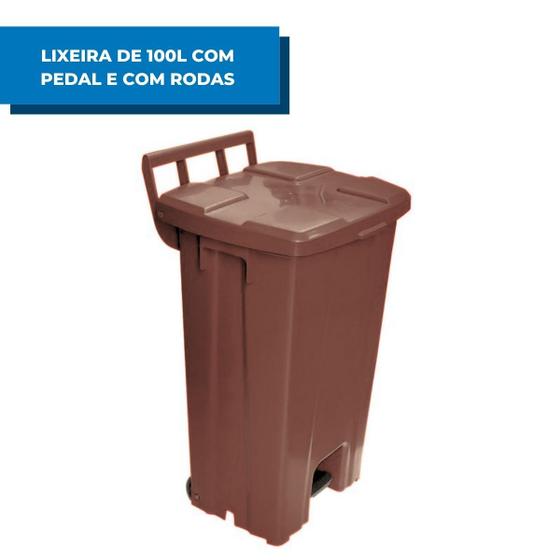 Imagem de Lixeira 100 Litros Quadrada Marrom Plástico Com Rodas Pedal