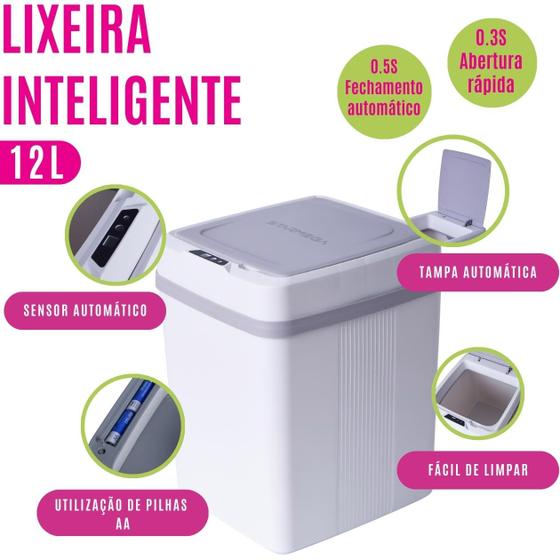 Lixeira 12 Litros com Sensor de Abertura Automático Inteligente Design Moderno Compacto Fácil de Limpar Sem Toque para Cozinha Casa Banheiro - Starmega