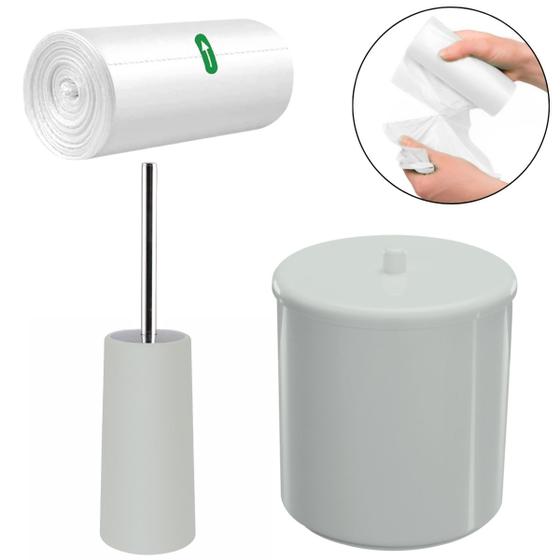 Imagem de Lixeira 6L Redondo Com Tampa + Escova Sanitária  Com Suporte + Refil Saco de Lixo 39x50cm Com 70 Sacos
