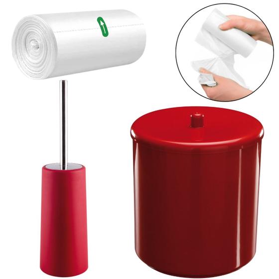 Imagem de Lixeira 6L Redondo Com Tampa + Escova Sanitária Com Suporte + Refil Saco de Lixo 39x50cm Com 70 Sacos