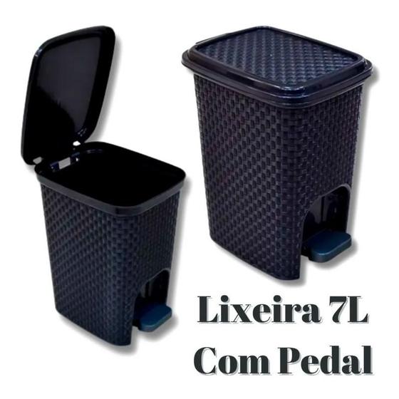 Imagem de Lixeira 7 Litros Multiuso Com Pedal Preto Montada Cozinha Banheiro Escritório Quarto Cesto Lixo Plástico Tampa