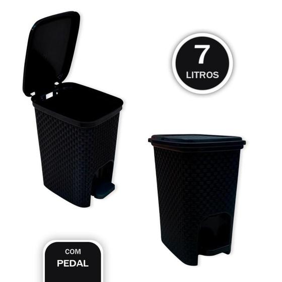 Imagem de Lixeira 7 Litros Multiuso Pedal Preto Trama Rattan Montada