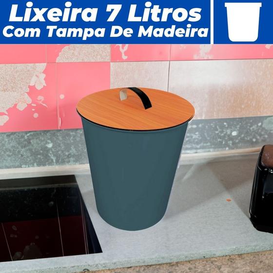 Imagem de Lixeira 7 Litros Plástico Multiuso Com Tampa De Madeira