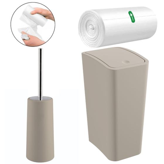 Imagem de Lixeira 8L Com Tampa Click Retangular + Escova Sanitária  Com Suporte + Refil Saco de Lixo 39x50cm Com 70 Sacos