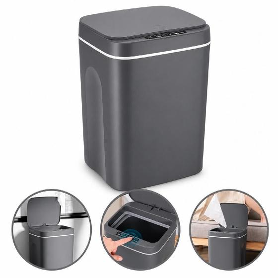 Lixeira Automatica 16 Litros Cesto De Lixo Inteligente Com Sensor Inframermelho Cozinha Banheiro Escritorio Cinza Luxo