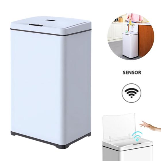 Imagem de Lixeira Automática Branca Retangular Capacidade para 50 Litros com Sensor de Aproximação Ideal para Residências ou Comércios