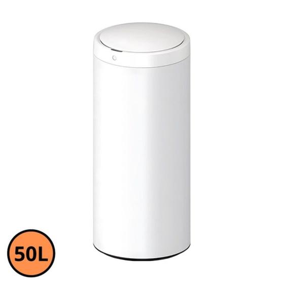 Imagem de Lixeira Automática Redonda Globalmix 50 Litros Sensor Proximidade Aço Inox Branca