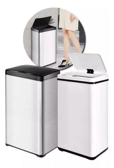 Imagem de Lixeira Automática Retangular 50 Litros com Sensor em Aço Inox Tampa Preta 6 Pilhas AA
