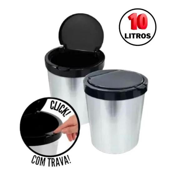 Imagem de Lixeira Cesto 10 Litros Imita Inox Tampa Click Label Redonda Lixo Escritório Cozinha Quarto