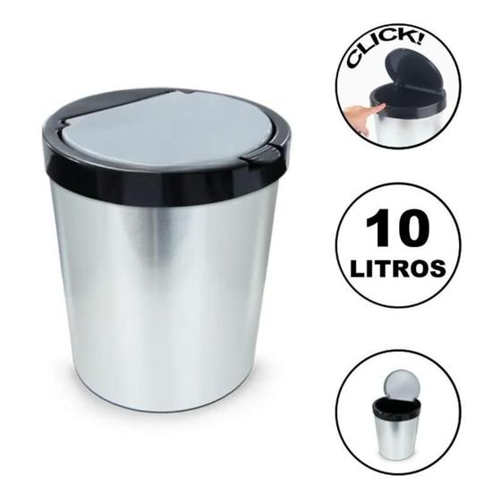 Imagem de Lixeira Cesto 10 Litros Imita Inox Tampa Click Redonda Lixo