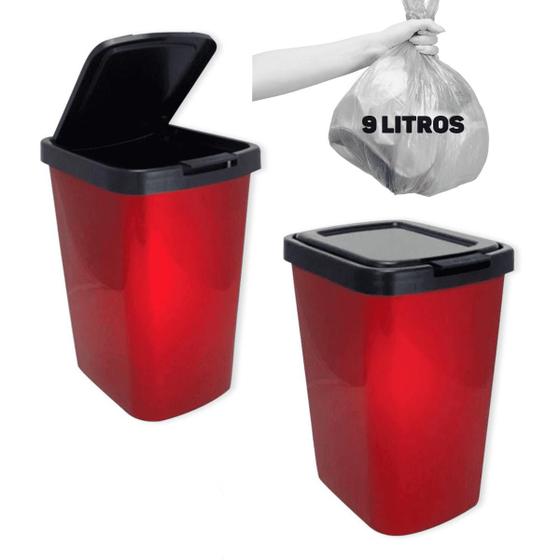 Imagem de Lixeira Cesto 9 Litros com Tampa Click Label Vermelha Metalizada