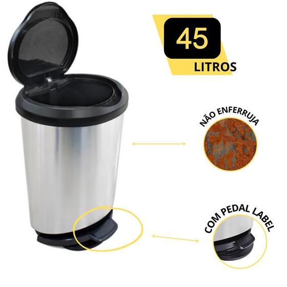 Imagem de Lixeira Cesto Lixo Cozinha Lavanderia 45 Litros Cor Inox Resistente Com Pedal Label