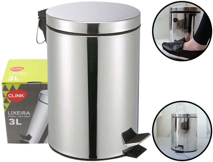 Imagem de Lixeira Com Pedal 3 Litros Inox Banheiro Cozinha Escritório Tampa Automática Com Cesto Removível Aço Inoxidável