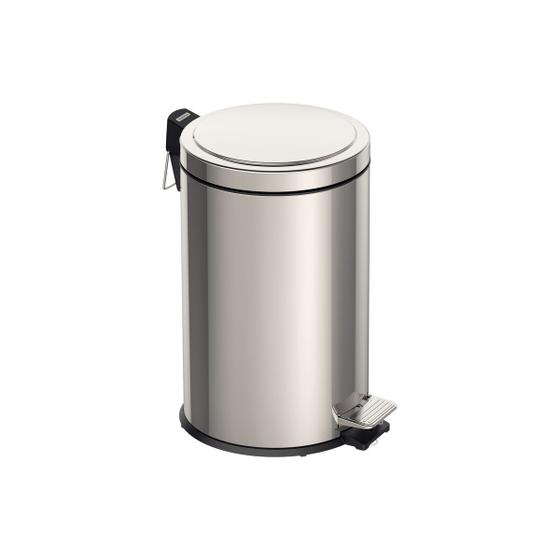 Imagem de Lixeira com pedal de 12 L em aço inox polido, com balde interno removível e tampa com sistema Stay Open.