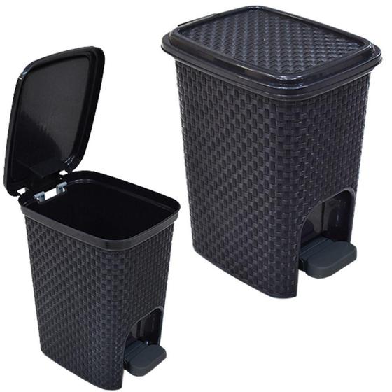 Imagem de lixeira com pedal retrátil de plástico retangular rattan preto 7L - ARQPLAST