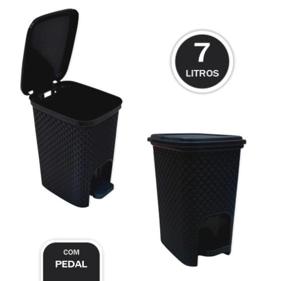 Imagem de Lixeira Com Pedal Trama Rattan Preta Capacidade 7 Litros