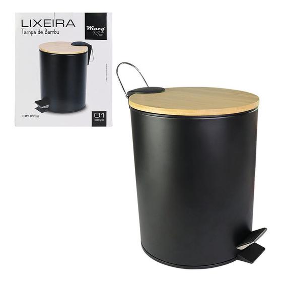 Imagem de Lixeira de Inox com Pedal e Tampa de Bambu Luxo Cozinha Banheiro Escritório Preta 5 Litros