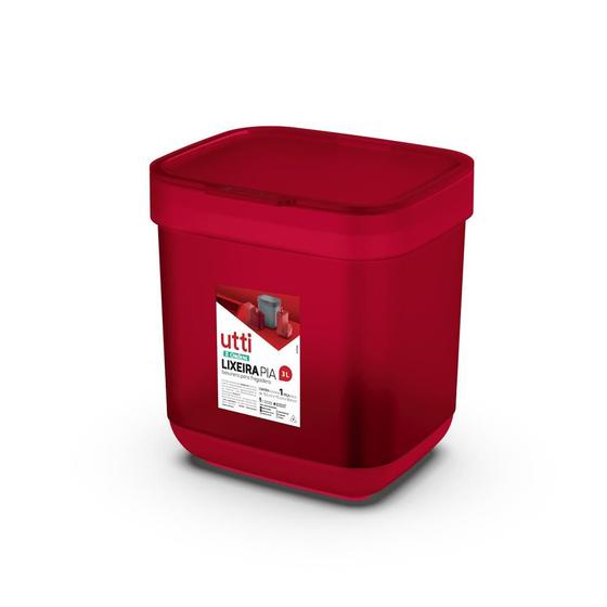 Imagem de Lixeira de Pia 3 Litros Plástica Cesto de Lixo Tampa Organizador Cozinha Bancada Ordene Vermelho