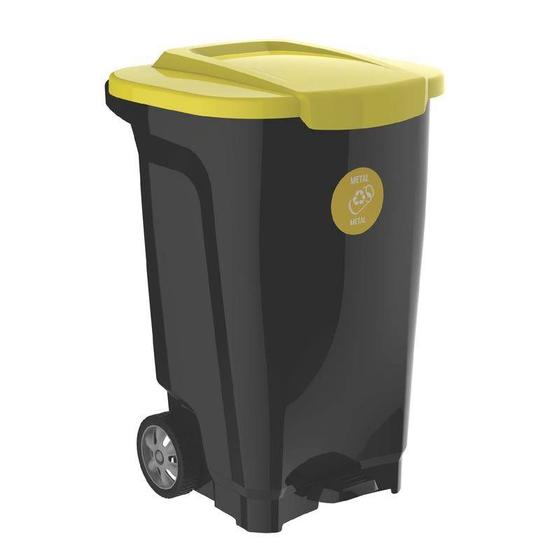 Imagem de Lixeira em plastico t-force preto e amarelo 100 litros com rodas